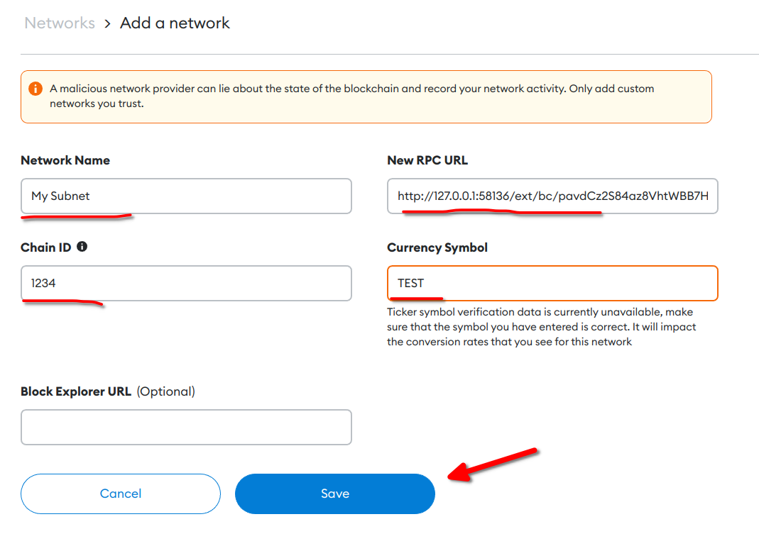 Metamask network config